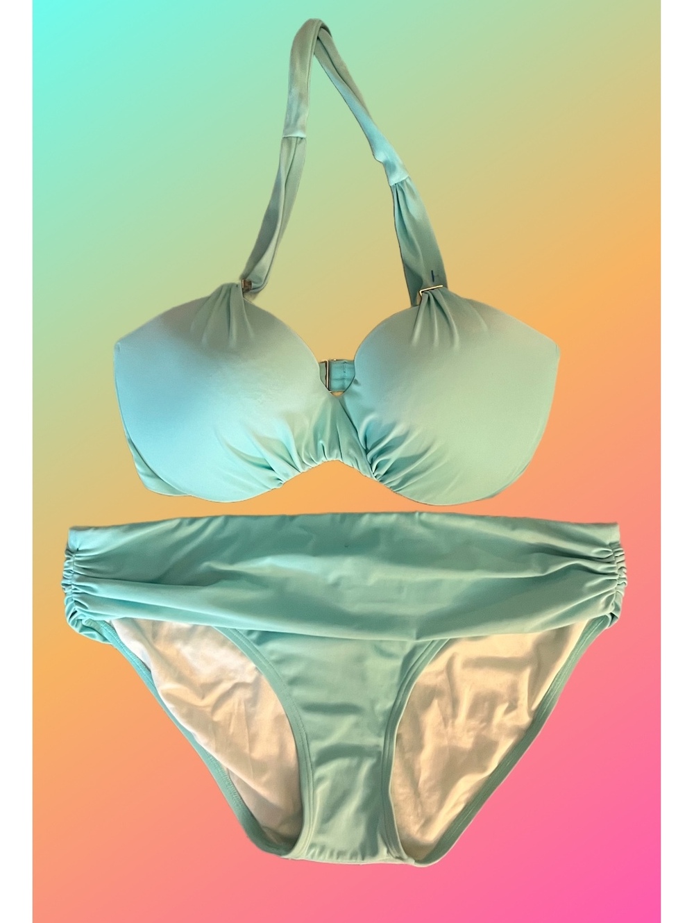 Victoria Secret Aqua Bikini Pushup Top w/ Gold Accents w/ Ruched Bottoms 36B-L